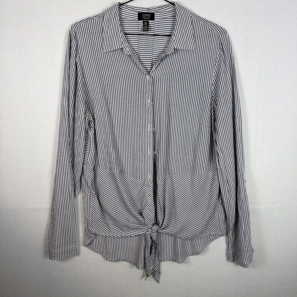 Jones New York Womens Medium M Striped Button Down Tie Front Blouse Top